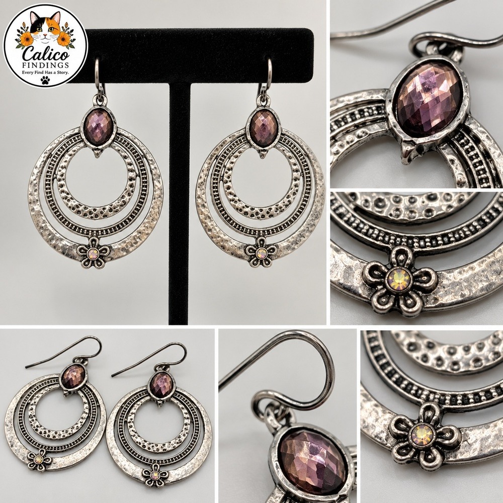 Silver Tone Hammered Triple Hoop Dangle Earrings Purple Rhinestone Flower Boho